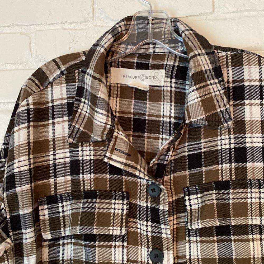 Treasure & Bond Olive, Black and Cream Plaid Shacket - M - Picture 2 of 7